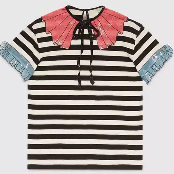 GUCCI Authentic Troumpe L’oeil 2016 Milan Top Sequin Collar Stripe Shirt Blouse - Picture 9 of 11